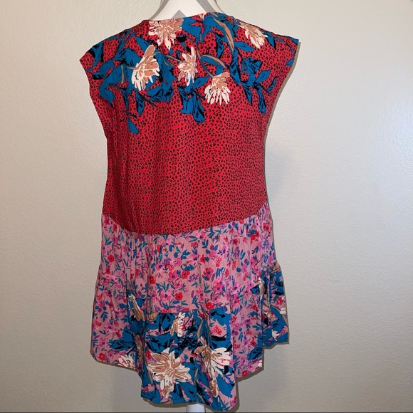 Mystree Red Turquoise Cheetah Floral Mixed Pattern Babydoll Rayon Keyhole Blouse - Picture 5 of 13